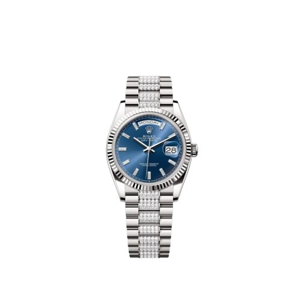 Rolex Day-Date 36 White Gold - Fluted / Bright Blue - Baguette / President - Diamond