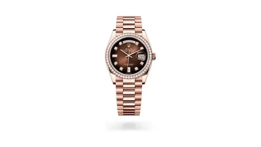 Rolex Oyster Perpetual Day-Date 36, 18 kt Everose gold, Brown ombré set with diamonds dial