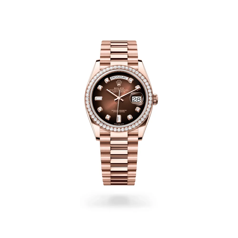 Rolex Oyster Perpetual Day-Date 36, 18 kt Everose gold, Brown ombré set with diamonds dial