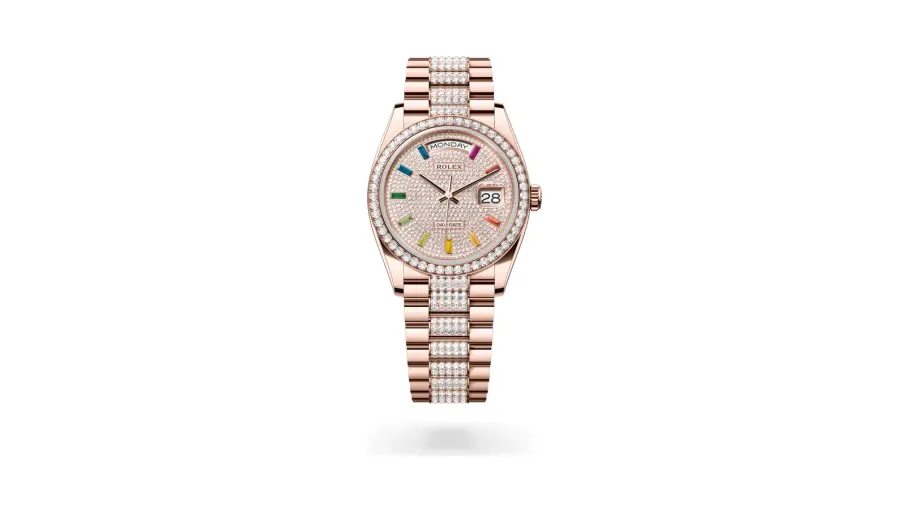 Rolex Oyster Perpetual Day-Date 36, 18 kt Everose gold, Diamond-paved with 10 baguette-cut dial