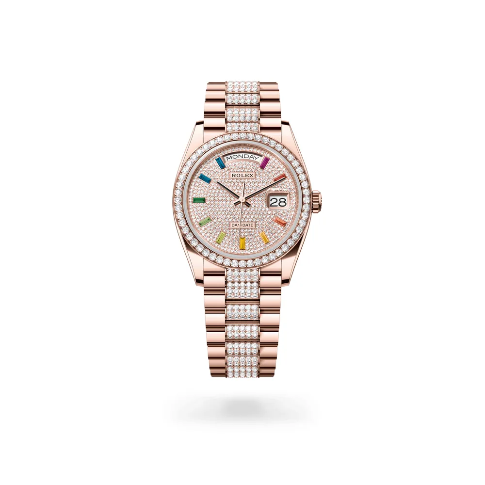 Rolex Oyster Perpetual Day-Date 36, 18 kt Everose gold, Diamond-paved with 10 baguette-cut dial