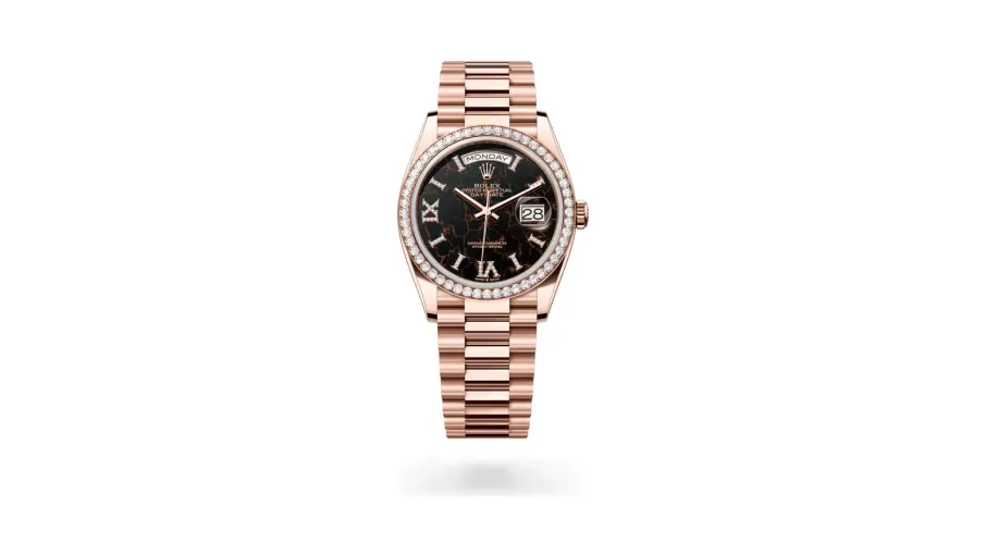 Rolex Oyster Perpetual Day-Date 36, 18 kt Everose gold, Eisenkiesel set with diamonds dial