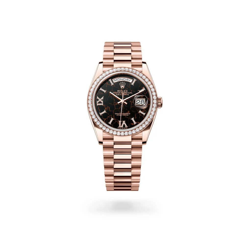 Rolex Oyster Perpetual Day-Date 36, 18 kt Everose gold, Eisenkiesel set with diamonds dial