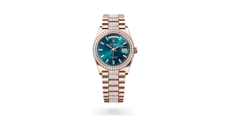 Rolex Oyster Perpetual Day-Date 36, 18 kt Everose gold, Blue-green dial