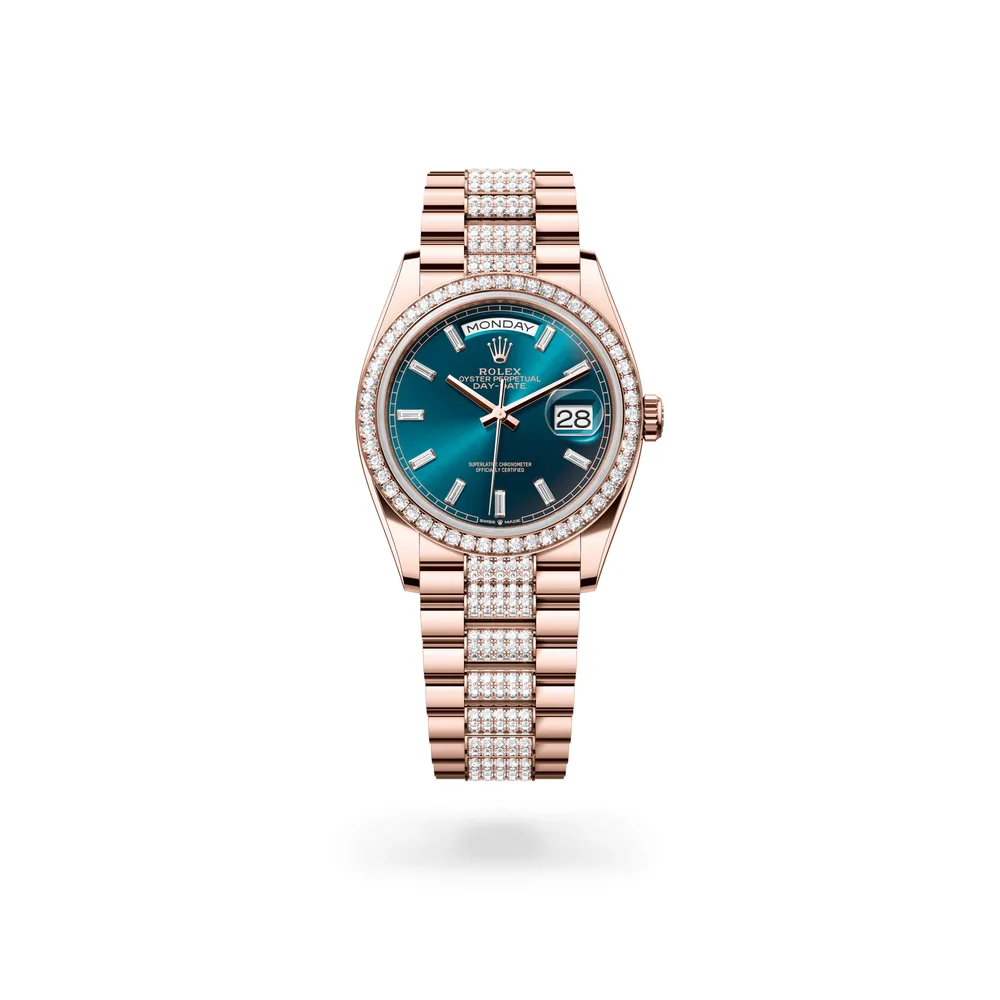 Rolex Oyster Perpetual Day-Date 36, 18 kt Everose gold, Blue-green dial