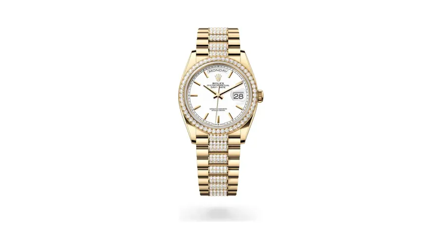 Rolex Oyster Perpetual Day-Date 36, 18 kt yellow gold, White lacquer dial