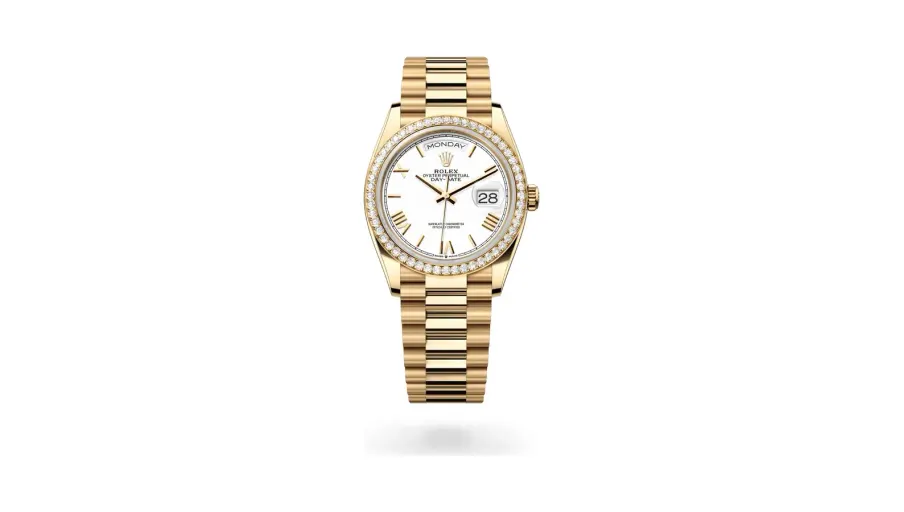 Rolex Oyster Perpetual Day-Date 36, 18 kt yellow gold, White lacquer dial