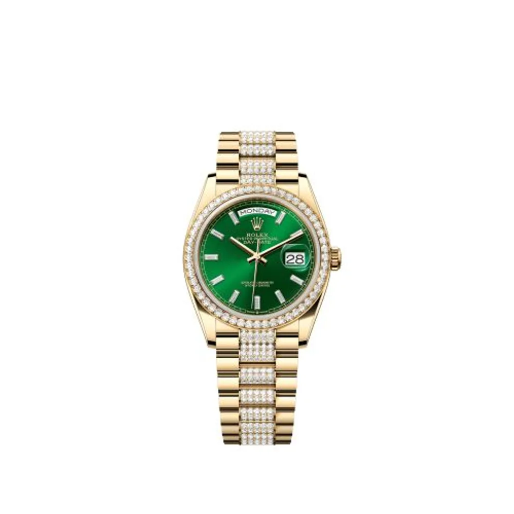 Rolex Day-Date 36 Yellow Gold - Diamond / Bright Green - Baguette / President - Diamond