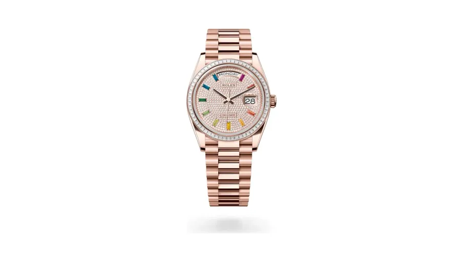 Rolex Oyster Perpetual Day-Date 36, 18 kt Everose gold, Diamond-paved with 10 baguette-cut dial