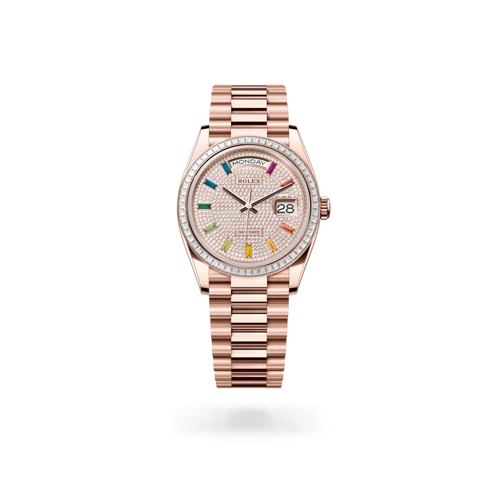 Rolex Oyster Perpetual Day-Date 36, 18 kt Everose gold, Diamond-paved with 10 baguette-cut dial