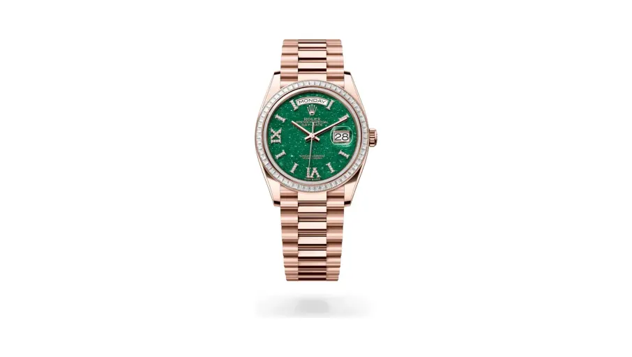 Rolex Day-Date 36, 18 kt Everose gold, Green aventurine set with diamonds dial