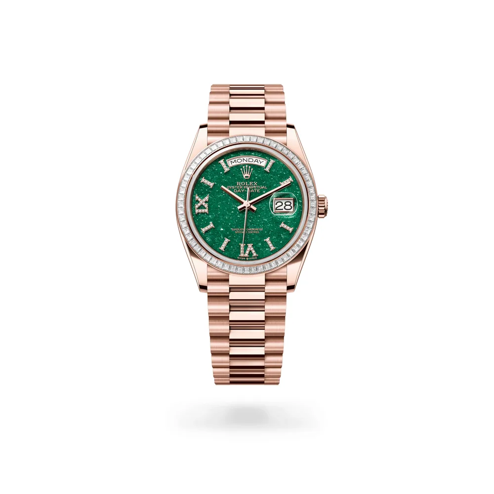 Rolex Day-Date 36, 18 kt Everose gold, Green aventurine set with diamonds dial