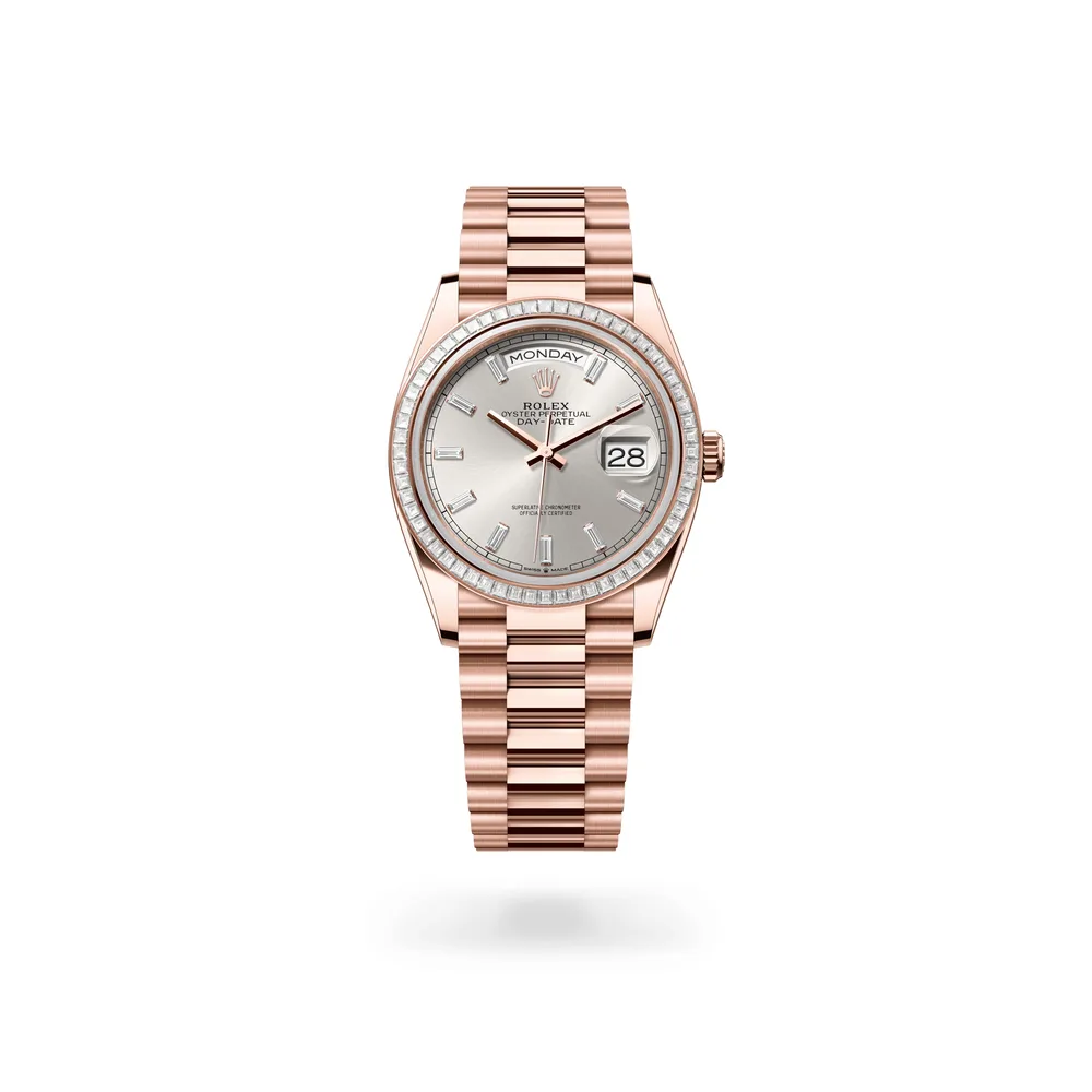 Rolex Oyster Perpetual Day-Date 36, 18 kt Everose gold, Silver dial