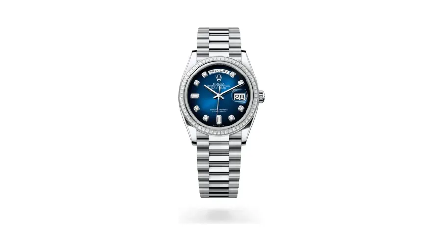 Rolex Oyster Perpetual Day-Date 36, Platinum, Blue ombré set with diamonds dial