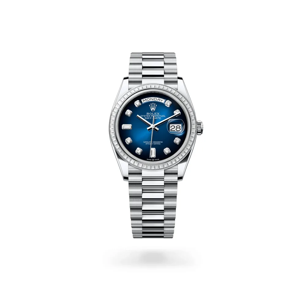 Rolex Oyster Perpetual Day-Date 36, Platinum, Blue ombré set with diamonds dial