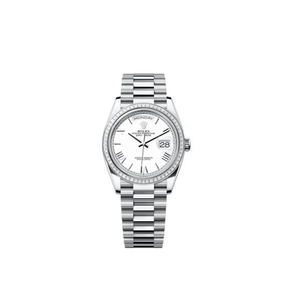 Rolex Day-Date 36 Platinum - Baguette / White - Roman / President