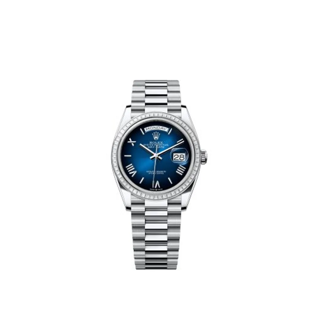 Rolex Day-Date 36 Platinum - Baguette / Blue Ombré - Roman / President