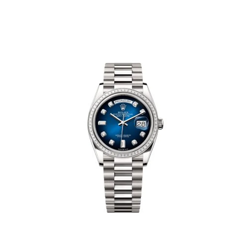 Rolex Day-Date 36 White Gold - Baguette / Blue Ombré - Diamond / President
