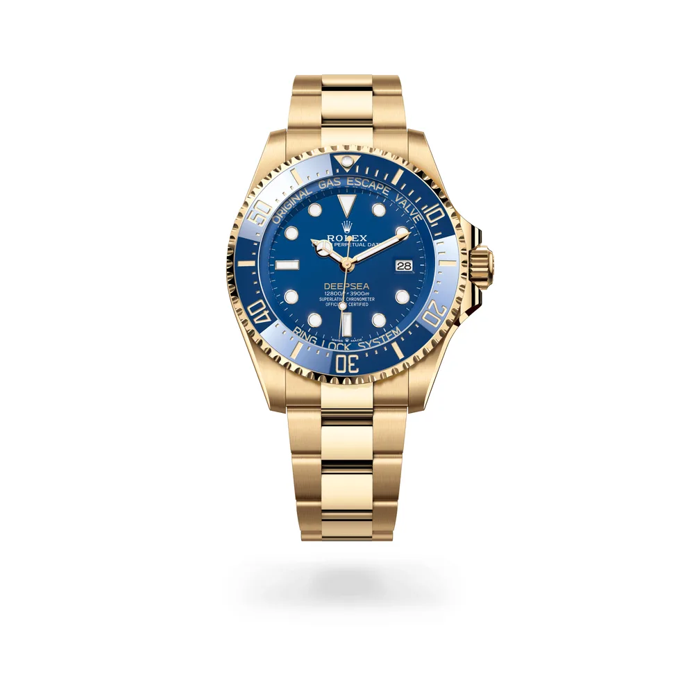 Rolex Oyster Perpetual Rolex Deepsea, 44 mm, yellow gold, 18 kt yellow gold, Blue lacquer with DEEPSEA text in powdered yellow dial