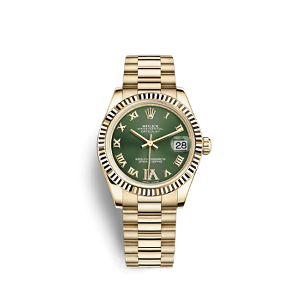 Rolex Datejust 31 Yellow Gold Fluted / President / Olive Roman