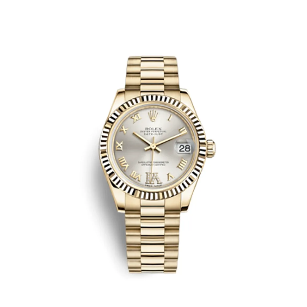 Rolex Datejust 31 Yellow Gold Fluted / President / Silver Roman