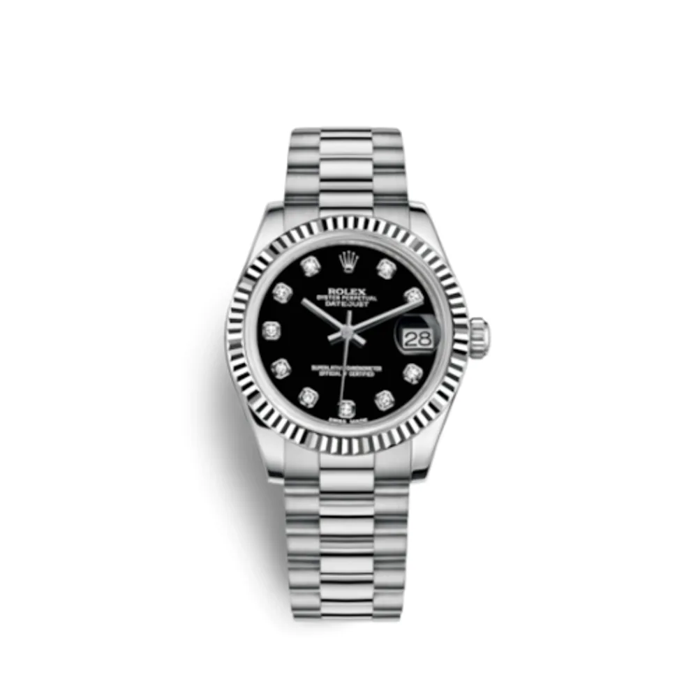 Rolex Datejust 31 White Gold Fluted / President / Black Diamond