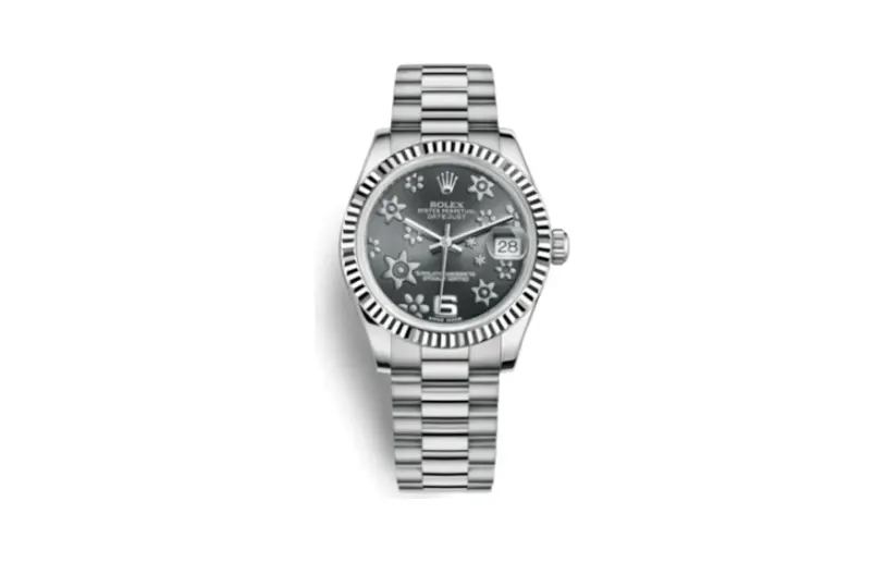 Rolex Datejust 31 White Gold Fluted / President / Dark Rhodium Floral