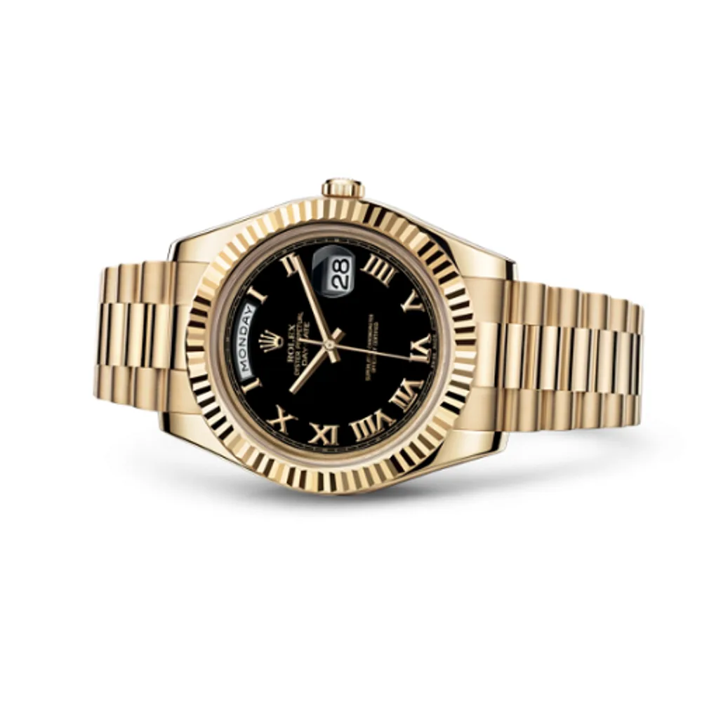 Rolex Day-Date II Yellow Gold Fluted Black Roman