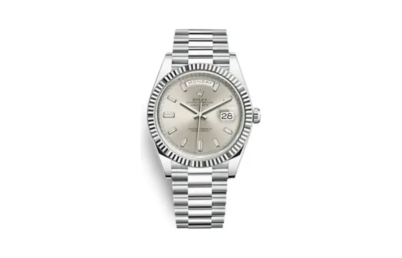 Rolex Day-Date 40 Platinum - Fluted / Silver - Baguette