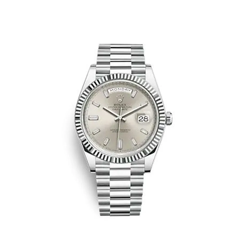 Rolex Day-Date 40 Platinum - Fluted / Silver - Baguette