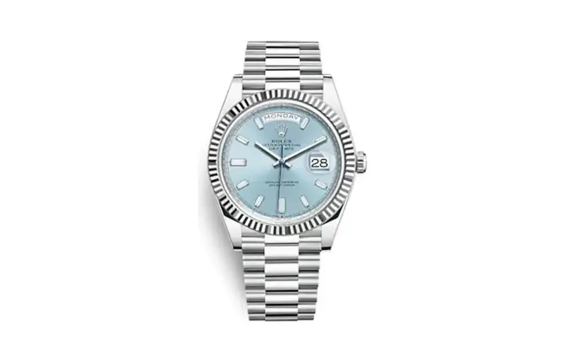 Rolex Day-Date 40 Platinum - Fluted / Ice Blue - Baguette