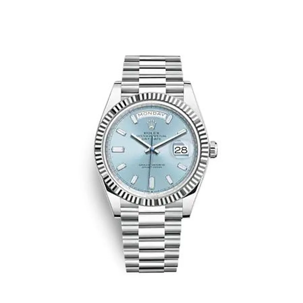 Rolex Day-Date 40 Platinum - Fluted / Ice Blue - Baguette