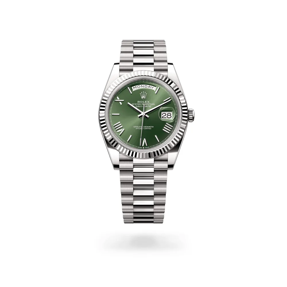 Rolex Oyster Perpetual Day-Date 40, 18 kt white gold, Olive green dial