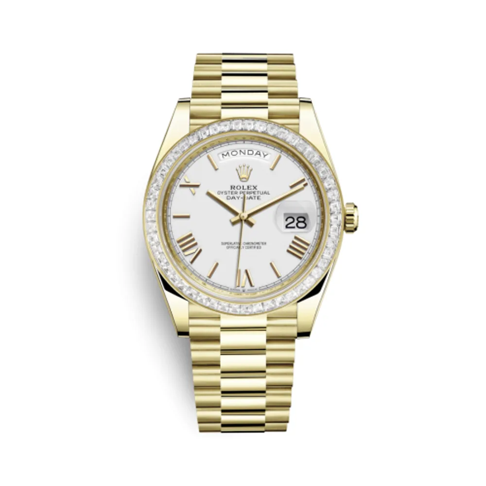 Rolex Day-Date 40 Yellow Gold / Baguette / White - Roman