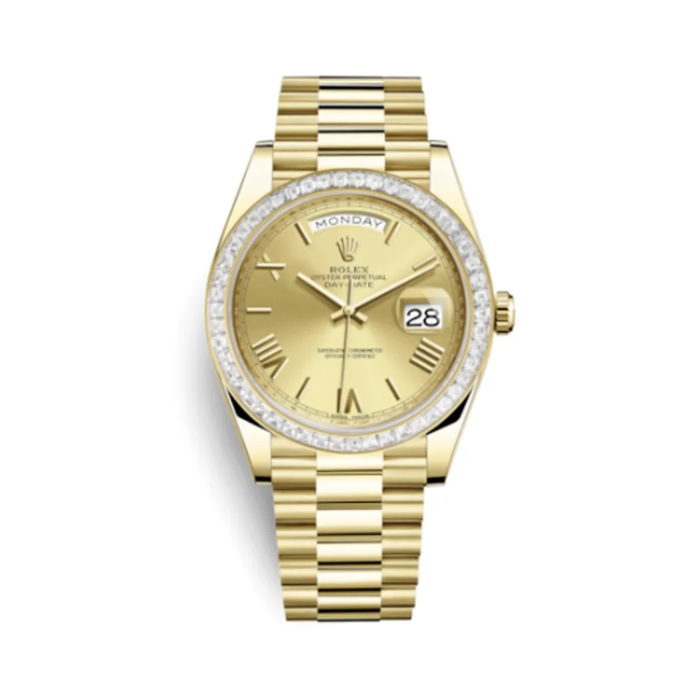 Rolex Day-Date 40 Yellow Gold - Baguette / Champagne - Roman