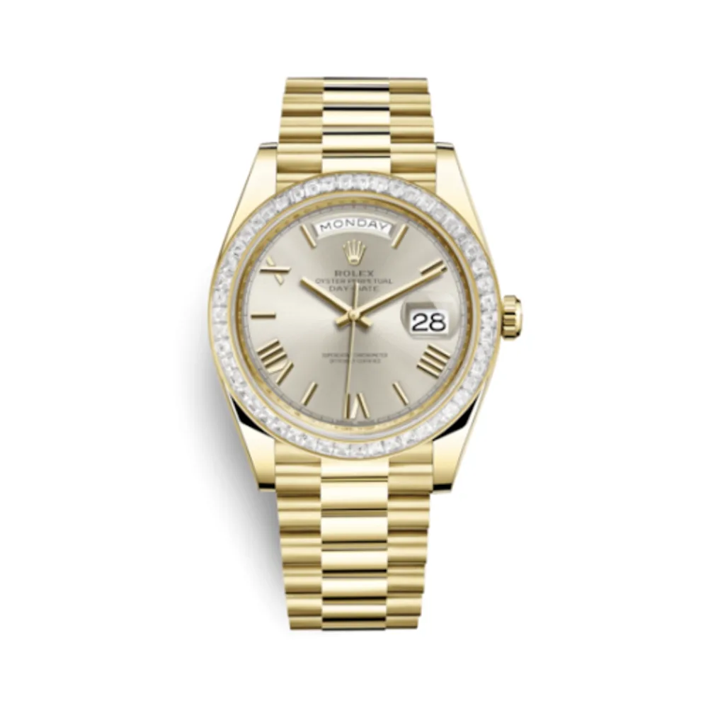 Rolex Day-Date 40 Yellow Gold - Baguette / Silver - Roman