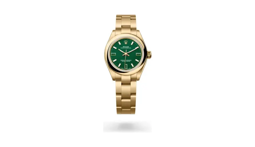 Rolex Oyster Perpetual 28, 18 kt yellow gold, Green stone (natural heliotrope) dial
