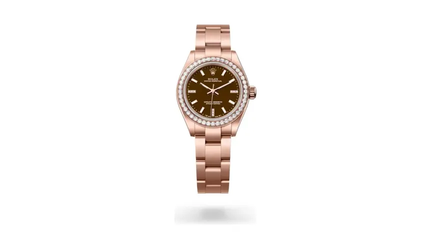 Rolex Oyster Perpetual 28, 18 kt Everose gold, Brown stone set with diamonds dial