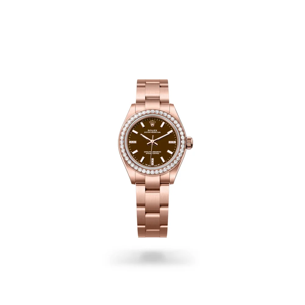 Rolex Oyster Perpetual 28, 18 kt Everose gold, Brown stone set with diamonds dial