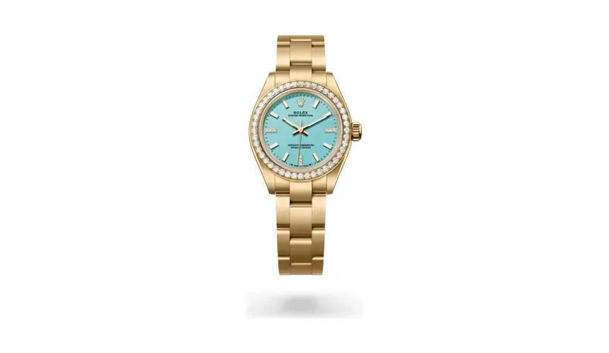 Rolex Oyster Perpetual 28, 18 kt yellow gold, Turquoise blue set with diamonds dial