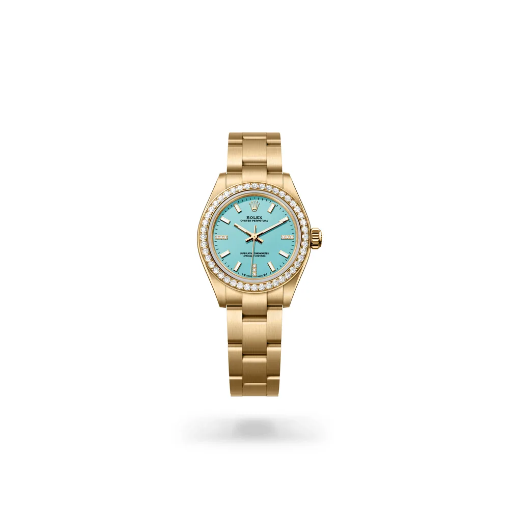 Rolex Oyster Perpetual 28, 18 kt yellow gold, Turquoise blue set with diamonds dial