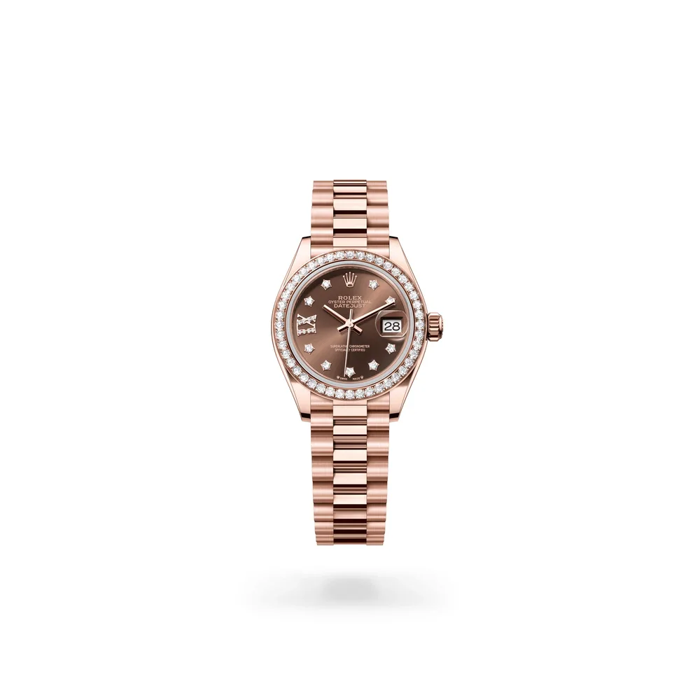 Rolex Lady-Datejust Oyster, 28 mm, Everose gold and diamonds, 18 kt Everose gold, Chocolate dial