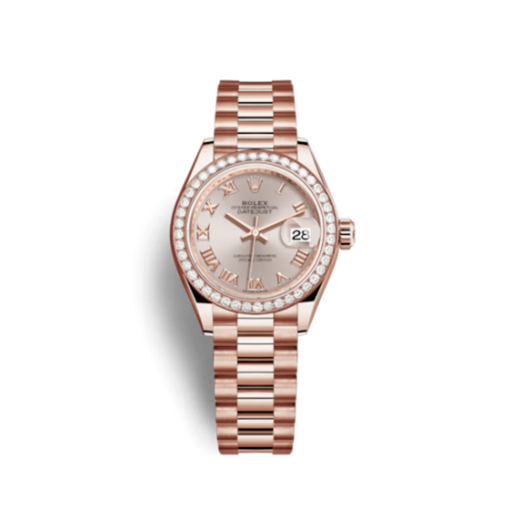 Rolex Lady-Datejust 28 Everose Diamond / President / Sundust Roman