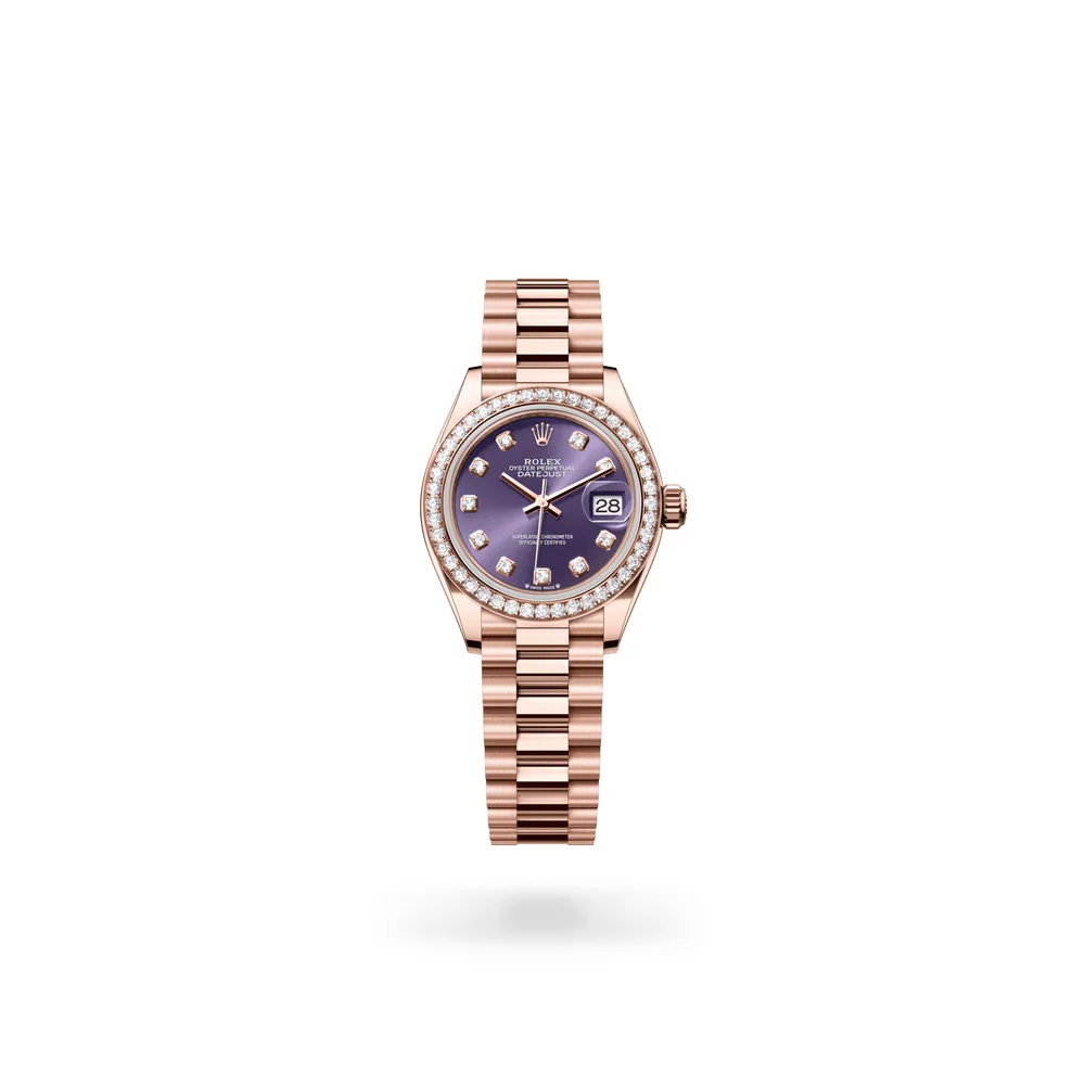 Rolex Lady-Datejust Oyster, 28 mm, Everose gold and diamonds, 18 kt Everose gold, Aubergine dial