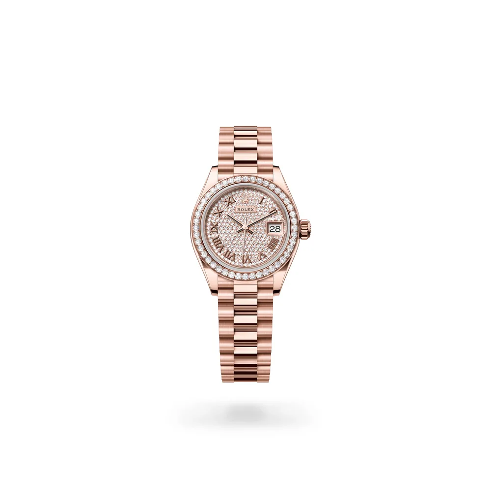 Rolex Lady-Datejust Oyster, 28 mm, Everose gold and diamonds, 18 kt Everose gold, Diamond-paved dial