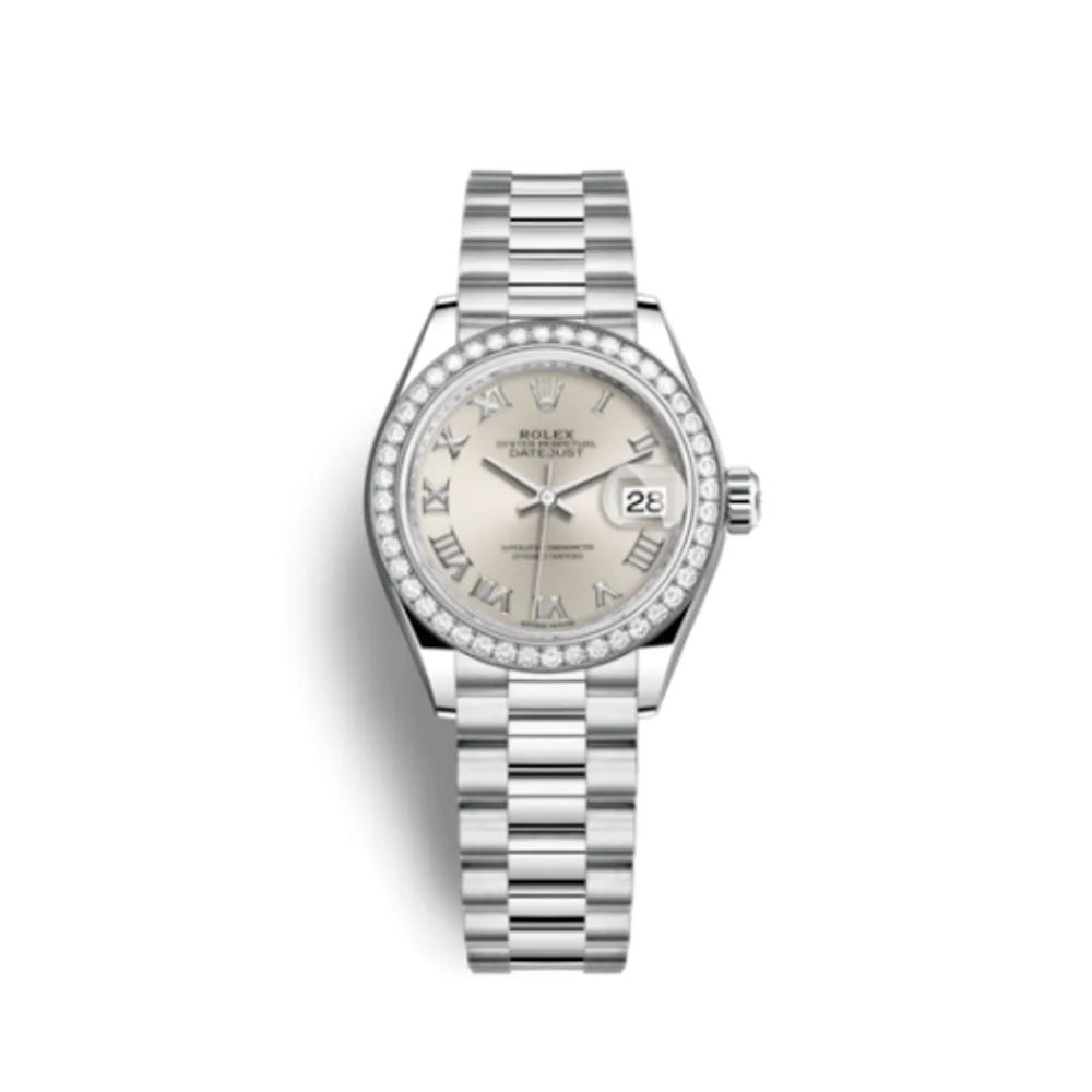 Rolex Lady-Datejust 28 Platinum Diamond / President / Silver Roman