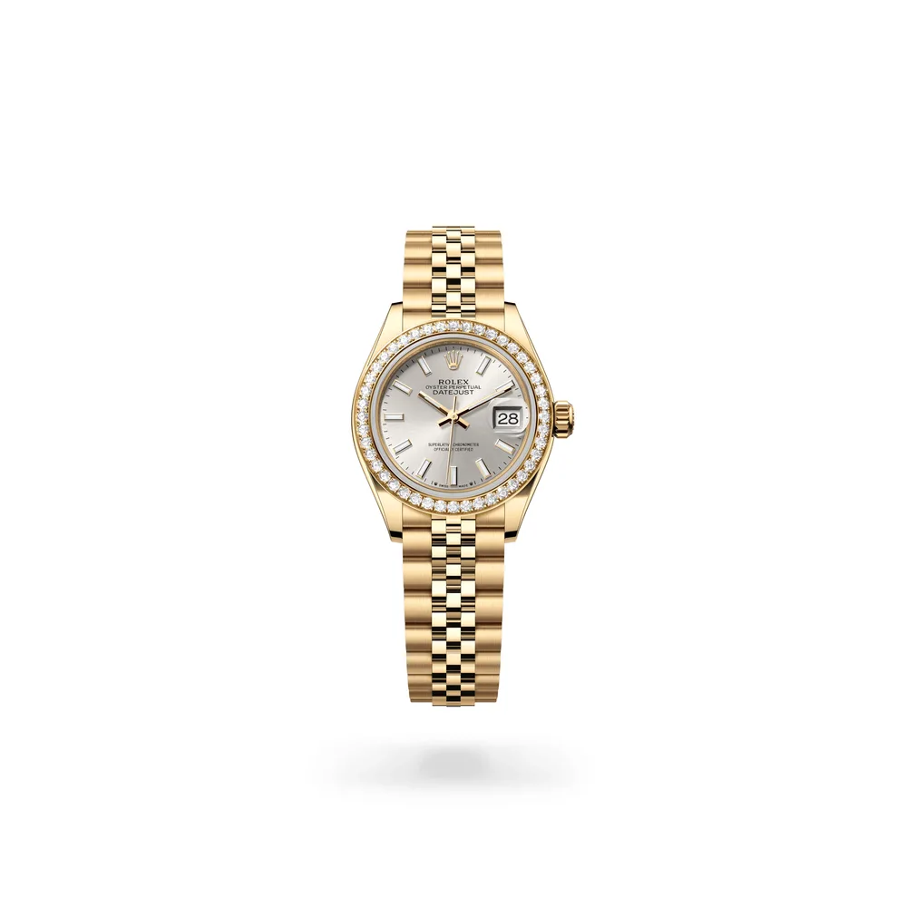Rolex Lady-Datejust Oyster, 28 mm, yellow gold and diamonds, 18 kt yellow gold, Silver dial