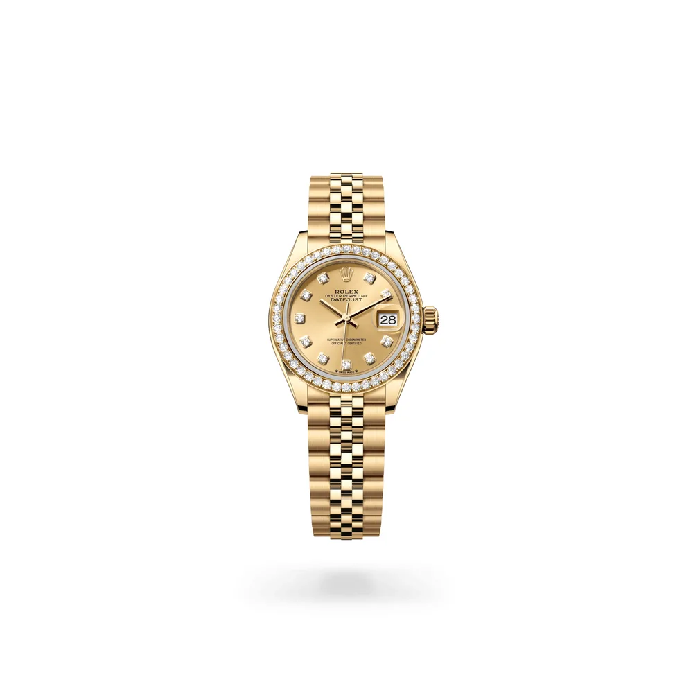Rolex Lady-Datejust Oyster, 28 mm, yellow gold and diamonds, 18 kt yellow gold, Champagne-colour dial