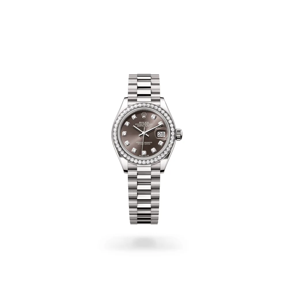 Rolex Lady-Datejust Oyster, 28 mm, white gold and diamonds, 18 kt white gold, Dark grey dial