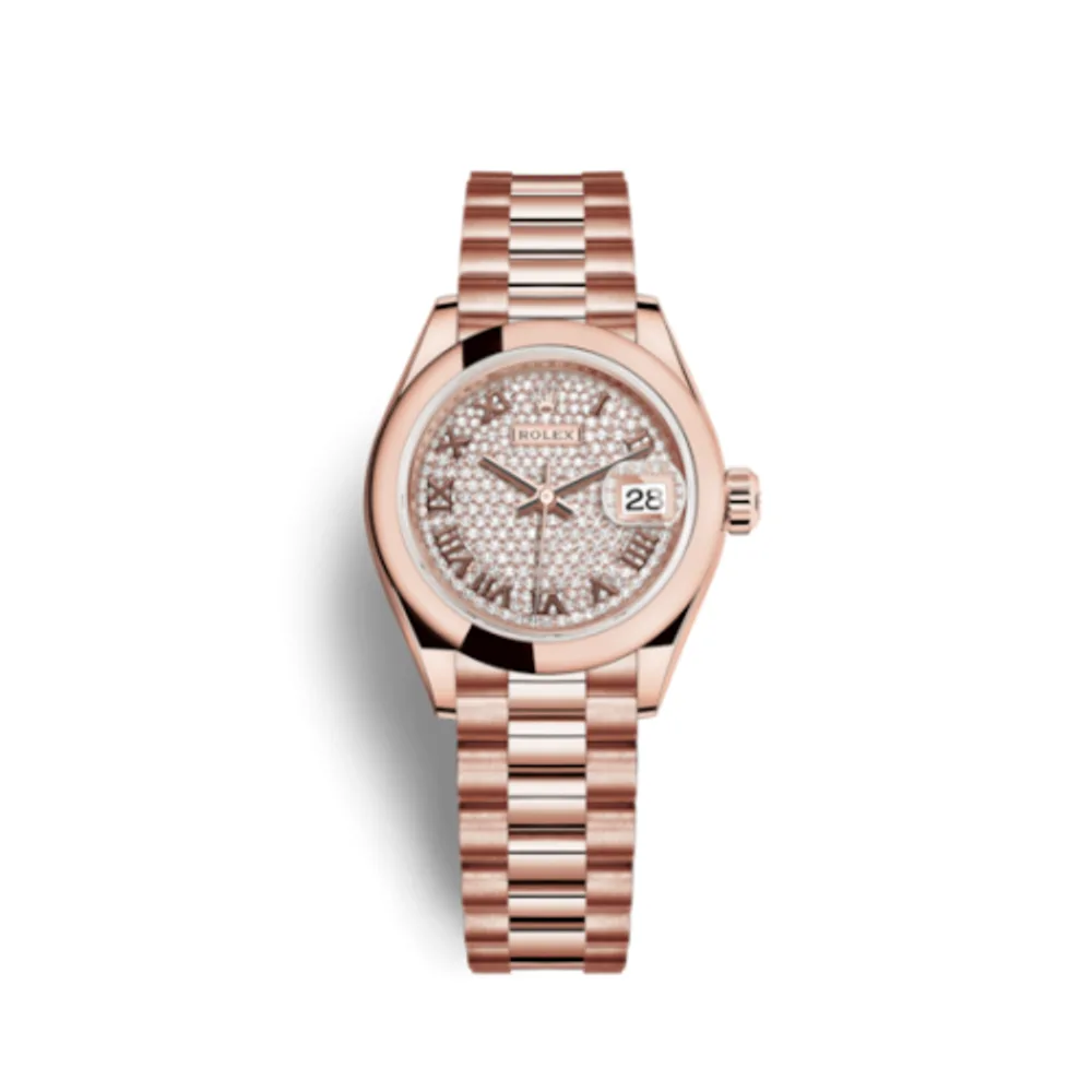 Rolex Lady-Datejust 28 Everose Domed / President / Paved Roman